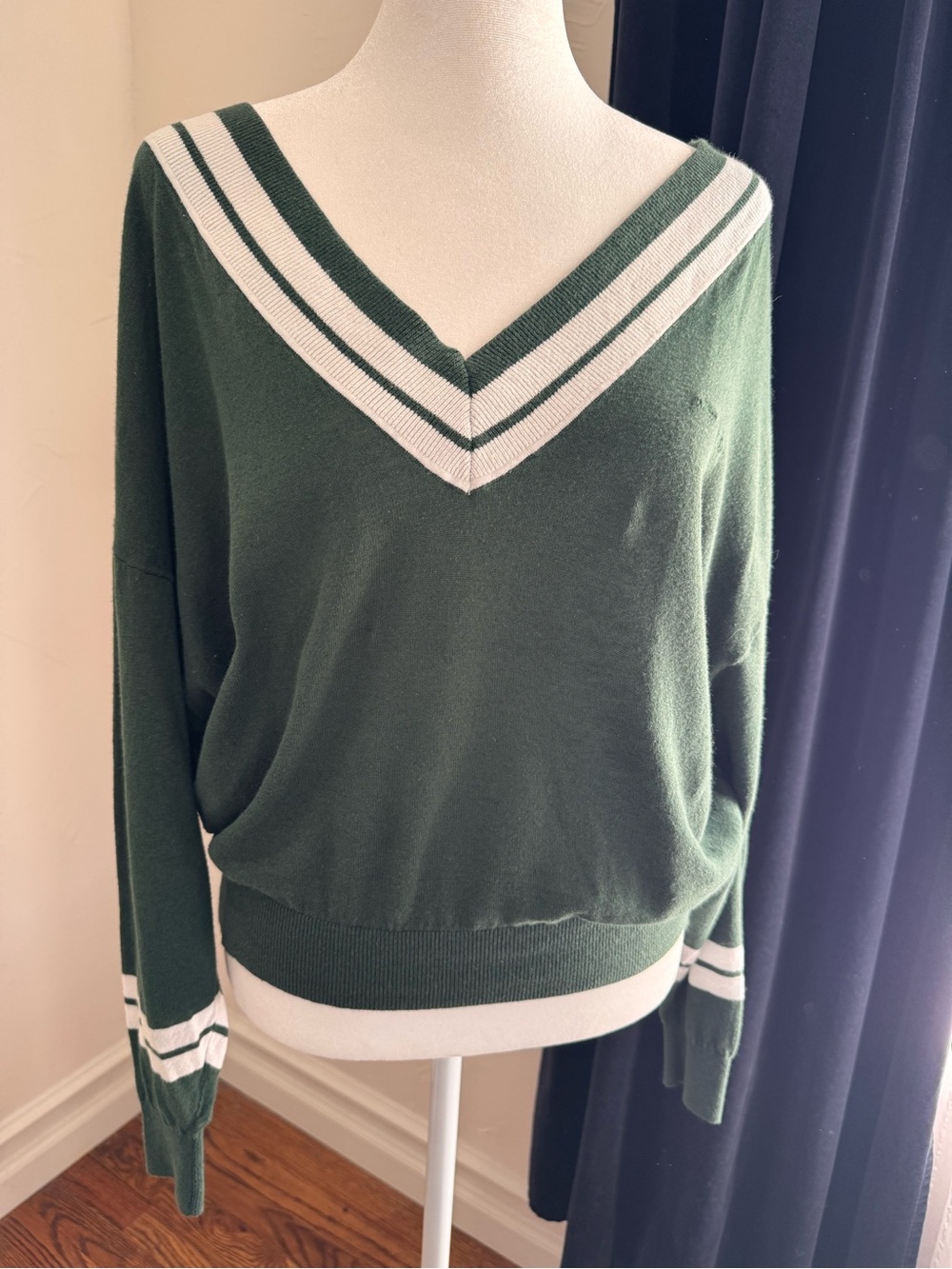 The Upside Forest Green V-Neck Sweater with White Stripes